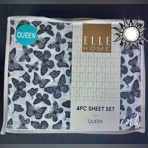 Butterfly 4-Pc Queen Sheet Set White w/Black & Gray Butterflies Meadow NEW NIP